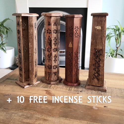 Wooden Incense Tower Smoke Box Holder Burner for Joss Incense Sticks and Cones 