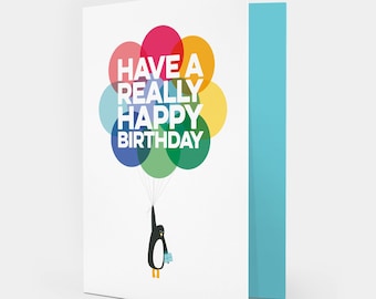 Birthday Card Mr Penguin With Multicoloured Balloons Blank Inside For Him For Her For Child's Birthday