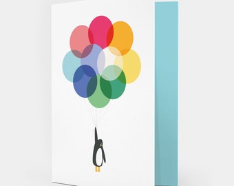 Mr Penguin With Multicoloured Balloons Greetings Card Blank Inside For Her, For Him Birthday Card Just Because