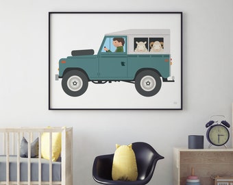 Green Landrover Defender Farm Themed Art Print For Children Green Landrover Art Print