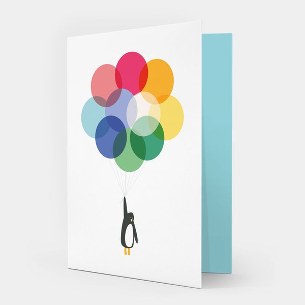 Mr Penguin With Multicoloured Balloons Greetings Card Blank Inside For Her, For Him Birthday Card Just Because