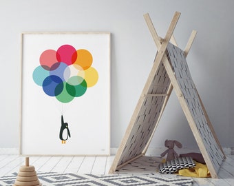 Mr Penguin With Multicoloured Balloons Art Print Muted Tones Perfect For A Child&#39;s Nursery Or Playroom