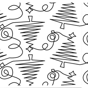 May include: Black and white line drawing pattern featuring stylized Christmas trees, stars, and swirls.