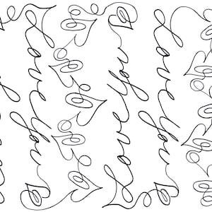 May include: Black and white repeating pattern with the words "love you" written in a continuous line, forming hearts and swirls. The design is simple and elegant, suitable for various applications.