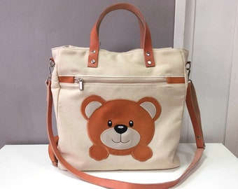 Large bear diaper bag backpack, Canvas and leather convertible backpack