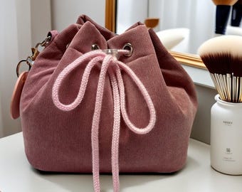 Custom Corduroy Makeup Bag: Personalized Toiletry Drawstring Pouch