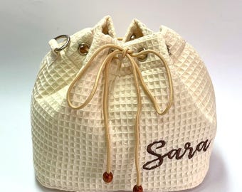 Custom Embroidered Waffle Makeup Bag: Personalized Drawstring Cosmetic Pouch