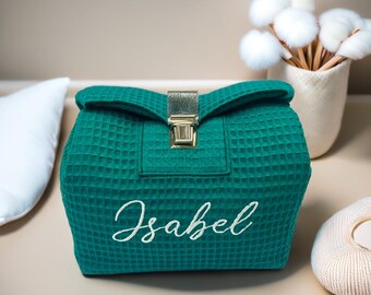 Personalized Emerald Makeup Bag: Embroidered Waffle Cosmetic Pouch