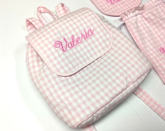 Mochila personalizada de seersucker de cuadros vichy rosas - Mochila preescolar para niños pequeños