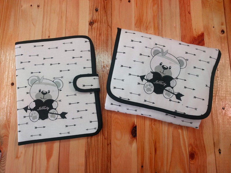 Black arrows changing mat Travel change pad Embroidered bear baby changing mat Changing mat set Nappy wipes wallet and changing mat set