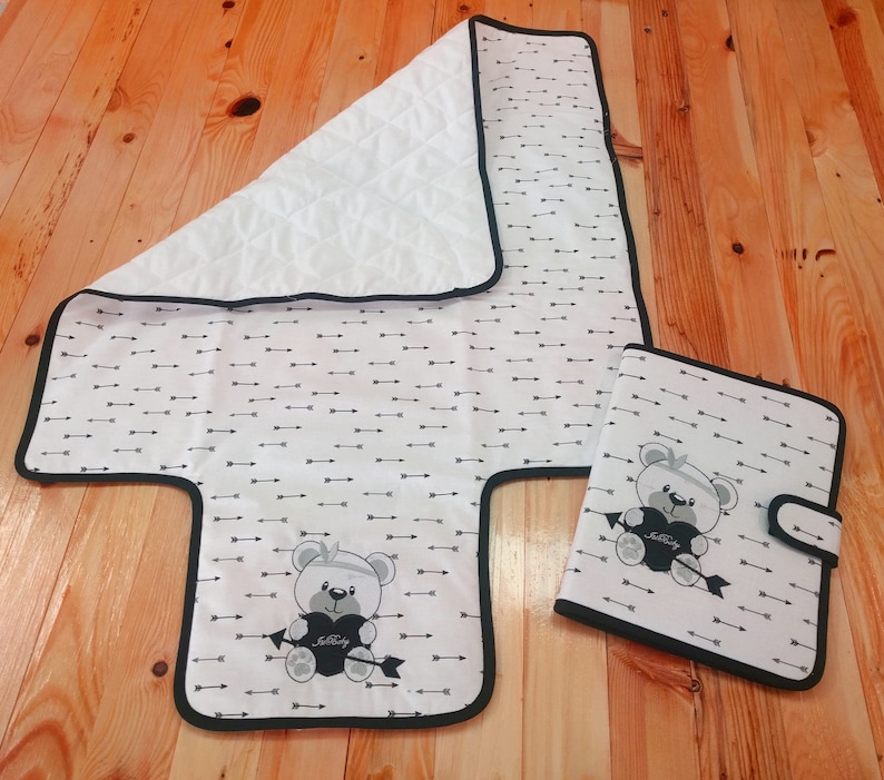 Black arrows changing mat Travel change pad Embroidered bear baby changing mat Changing mat set Nappy wipes wallet and changing mat set