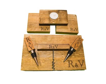 Personalized Wine & Charcuterie Gift Set: Engraved Board, Coasters, Stoppers