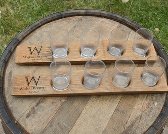 Personalized Beer Flights With Glasses Made From Recycled Wine Barrel Staves - Laser Engraved - Beer Flights Sets -  Beer Trays - Custom -