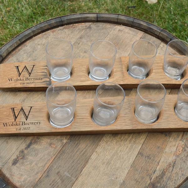 Personalized Beer Flights With Glasses Made From Recycled Wine Barrel Staves - Laser Engraved - Beer Flights Sets -  Beer Trays - Custom -