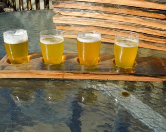 Rustic Beer Tasting Flight Board - Handcrafted from Whiskey Staves - Glasses Included