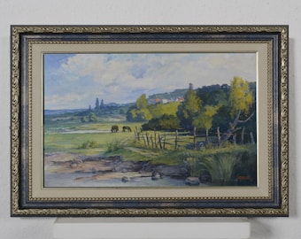 River landscape, landscape with horses, oil painting, summer landscape, art impressionism, nature landscape, rural houses, living room decor