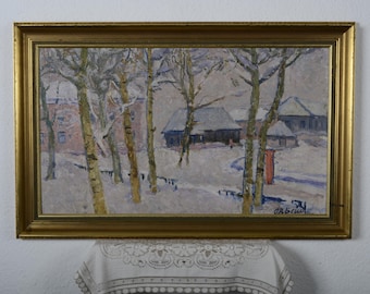 Vintage painting, landscape painting, impressionist art, winter landscape, oil painting, beautiful village, beautiful winter day, art decor