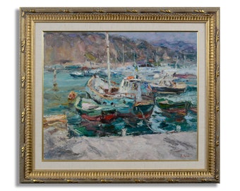 Seascape, sailboats by the pier, rocky seashore, oil painting, impressionism, art and collectibles, living room decor