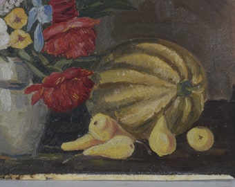 花と果物のある静物画、印象派、ヴィンテージ絵画、花の静物画、油絵