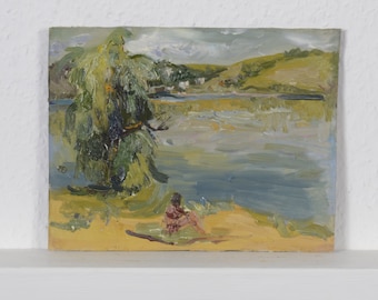 Summer landscape, river landscape, vintage oil painting, art impressionism, landscape painting, living room art decor