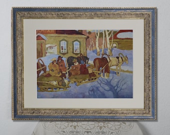 Genre landscape, vintage oil painting, landscape with people and horses, impressionism art, stopped to rest, winter day, living room decor