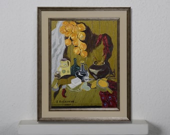 Vegetable still life, oil painting, still life with garlic and bread, vintage still life, dishes on the table, art impressionism, art decor