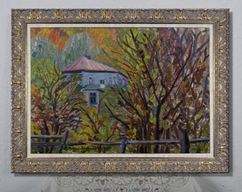 Vintage oil painting, landscape painting, impressionist art, autumn landscape, oil painting, original artwork, collectibles, kitchen decor