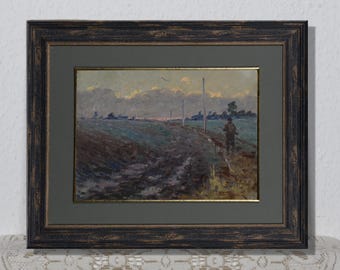 Vintage oil painting, genre landscape, hunter with dog, impressionist art, autumn landscape, rural landscape, collectibles, kitchen decor