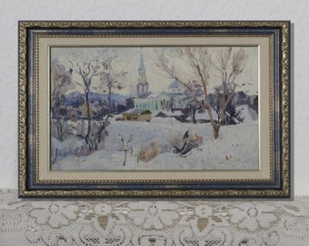 Winter landscape, vintage oil painting, cityscape, Ukrainian impressionism, winter city, natural landscape, city outskirts living room decor