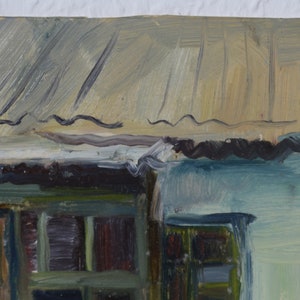 May include: A close-up of a painting depicting a building with a corrugated metal roof and windows. The building is painted in shades of blue, brown, and green.