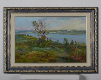 Spring river landscape, river in the mountains, oil painting, impressionist art, beautiful landscape, original painting, art decor