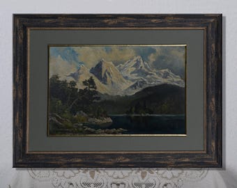 Autumn landscape with mountains, snowy mountains, lake next to mountains, vintage painting, wonderful natural landscape, artistic home decor