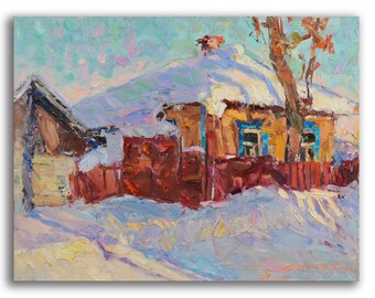 子供たちと冬の風景 オリジナル油絵 ロシアの風景 冬の印象派の風景 雪