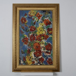 Still life with poppies, vintage oil painting, landscape painting, original painting, impressionist art, collectibles, home decor