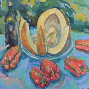 Still life with vegetables and fruit, oil painting, still life with melon, art impressionism, original still life, living room decor