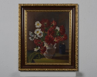 Floral still life, vintage oil art, still life with daisies, flowers in a vase, art impressionism, staged still life, home and kitchen decor