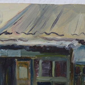 May include: A painting of a building with a corrugated metal roof. The building is painted in shades of blue, green, and brown. The roof is painted in shades of gray and brown.