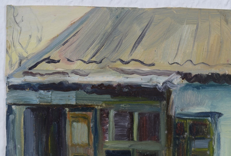 May include: A painting of a building with a corrugated metal roof. The building is painted in shades of blue, green, and brown. The roof is painted in shades of gray and brown.