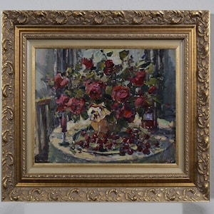 Floral still life, fruit still life with roses, flowers in a vase, art impressionism, staged still life, kitchen and living room home decor
