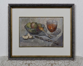 Vintage still life, oil painting, still life with fruit and wine, original painting, impressionist art, beautiful painting, art decor