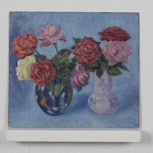 Impresionismo, pintura vintage, bodegón de flores, rosas en jarrón, pintura al óleo, arte y objetos de colección, decoración de cocina