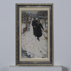 Pintura de género, mujer con hombre, pintura al óleo, pintura vintage, paisaje invernal, pintura coleccionable, impresionismo artístico, decoración del hogar de arte