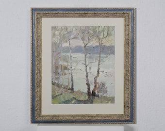 Autumn landscape, river landscape, oil painting, birch trees over water, impressionist art, original oil painting on canvas, living room decor