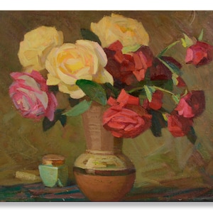 Floral still life, oil painting, flower art, impressionism, art and collectibles, kitchen decor