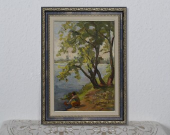 Vintage landscape, genre landscape, boy by the river, art impressionism, oil painting, autumn landscape, art decor