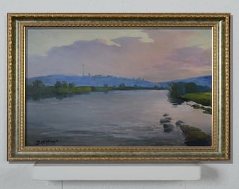 Summer river landscape, vintage oil painting, impressionist art, near the city, beautiful sunset, original oil painting, living room decor
