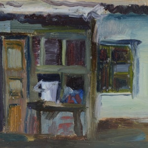 May include: A painting of a room with a window and a door. The room is painted in shades of blue, green, and brown. The window is open and the door is closed. There is a table in the room with a white cloth on it.
