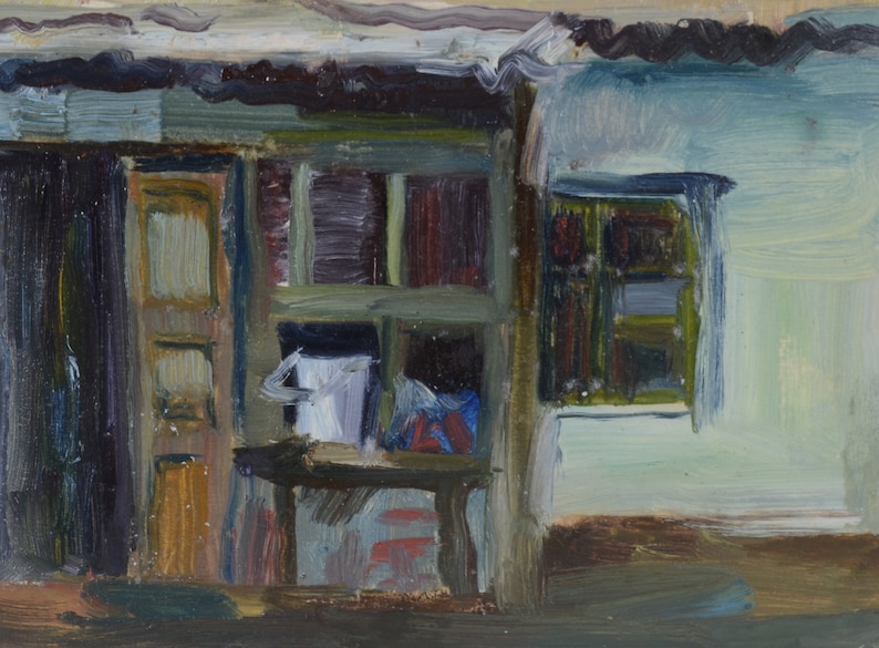 May include: A painting of a room with a window and a door. The room is painted in shades of blue, green, and brown. The window is open and the door is closed. There is a table in the room with a white cloth on it.