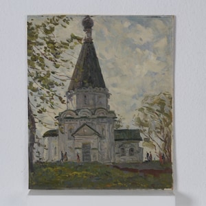 Paisagem a óleo original, igreja da cidade, paisagem de outono, pintura de paisagem, obras de arte originais, pinturas impressionistas, decoração de casa