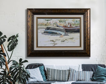 Landscape, boats on the shore, oil painting, impressionism, art and collectibles, living room decor